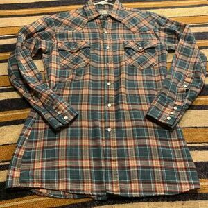 Vintage Plaid Button Up Mens Shirt‎ Long Sleeve Layering Western cowboy